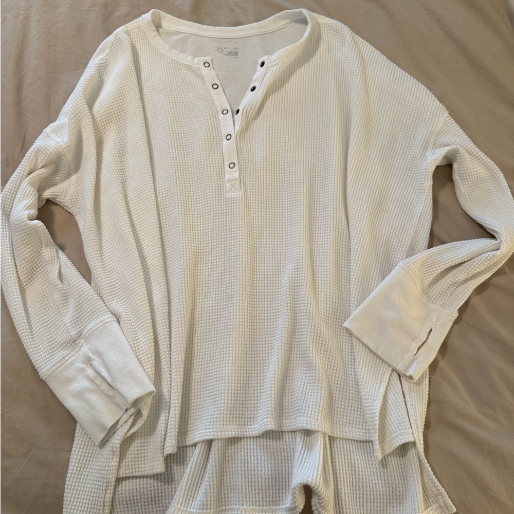 aerie White Waffle Henley Long Sleeve Top